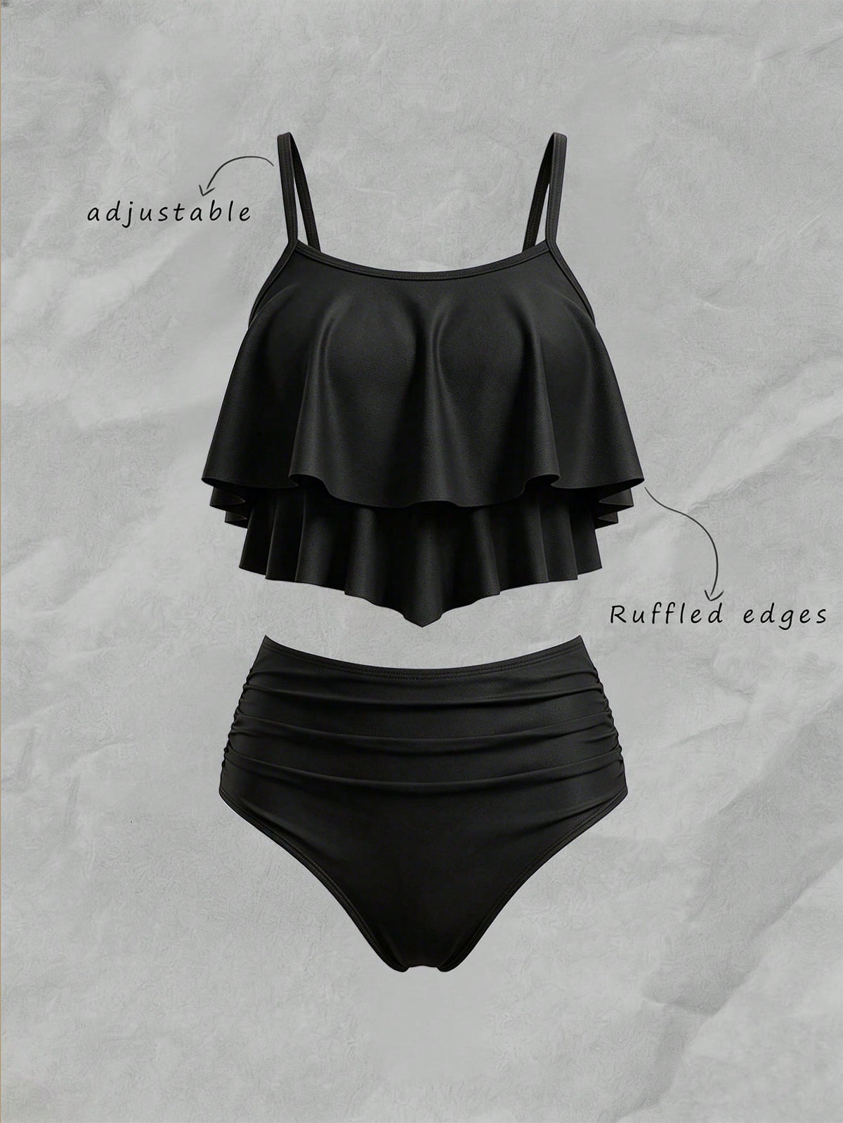 Swim Solid Color Ruffled Tankini For Beach Vacation,Summer Beach