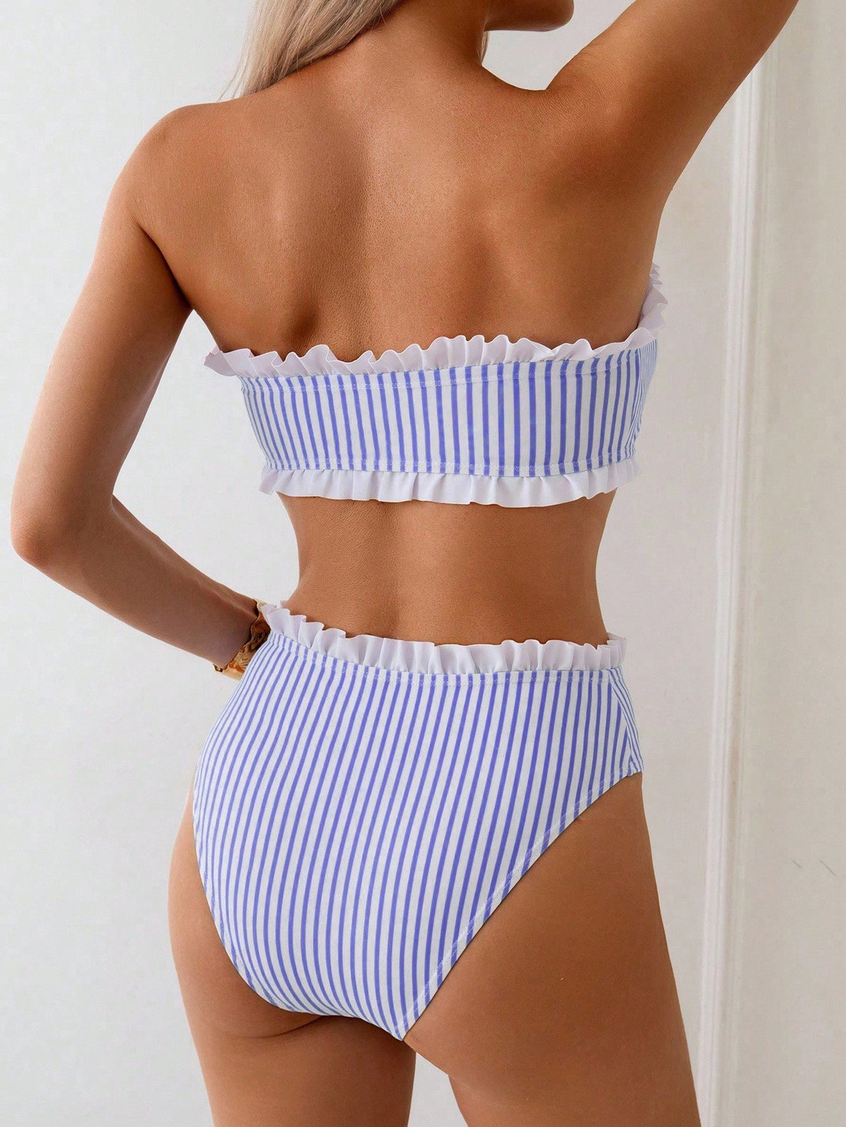 Swim Spring/Summer Beach Vacation Striped Print 2 Pieces Set, Ruched Neckline, Ruffled Hem Pants