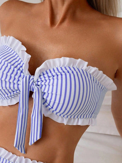Swim Spring/Summer Beach Vacation Striped Print 2 Pieces Set, Ruched Neckline, Ruffled Hem Pants