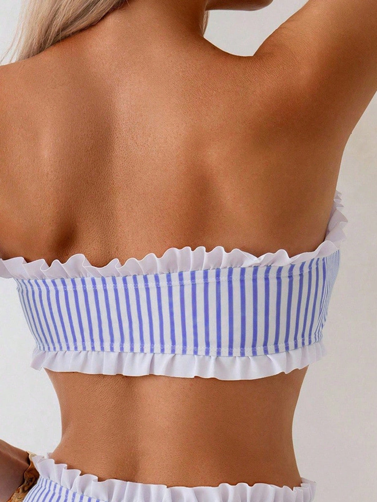 Swim Spring/Summer Beach Vacation Striped Print 2 Pieces Set, Ruched Neckline, Ruffled Hem Pants