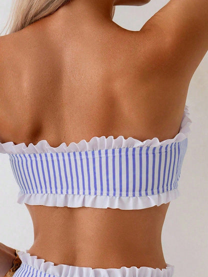Swim Spring/Summer Beach Vacation Striped Print 2 Pieces Set, Ruched Neckline, Ruffled Hem Pants