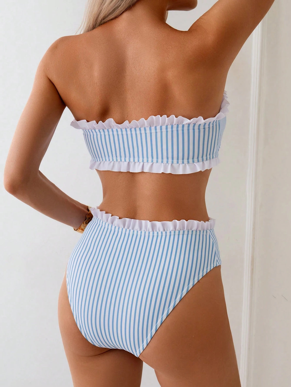 Swim Spring/Summer Beach Vacation Striped Print 2 Pieces Set, Ruched Neckline, Ruffled Hem Pants