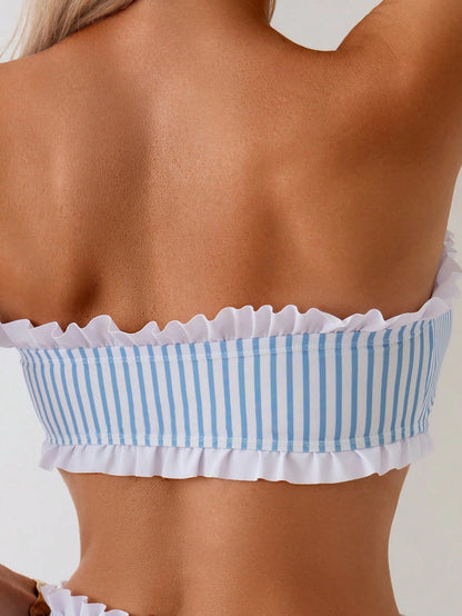 Swim Spring/Summer Beach Vacation Striped Print 2 Pieces Set, Ruched Neckline, Ruffled Hem Pants