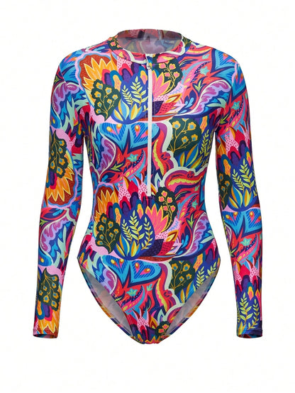 Swim SPRTY Women's Beach Vacation Style Botanical Print Half-Zip Front Long Sleeve One-Piece Swimsuit