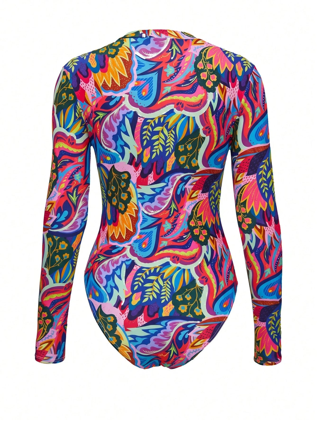 Swim SPRTY Women's Beach Vacation Style Botanical Print Half-Zip Front Long Sleeve One-Piece Swimsuit