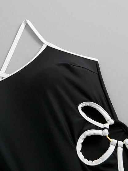 Swim SPRTY Women's Black Summer Classy One Piece Swimsuit,Beach Party Holiday Black & White Color Block,Adjustable Criss-Cross Back Straps,Floral Side Cutout