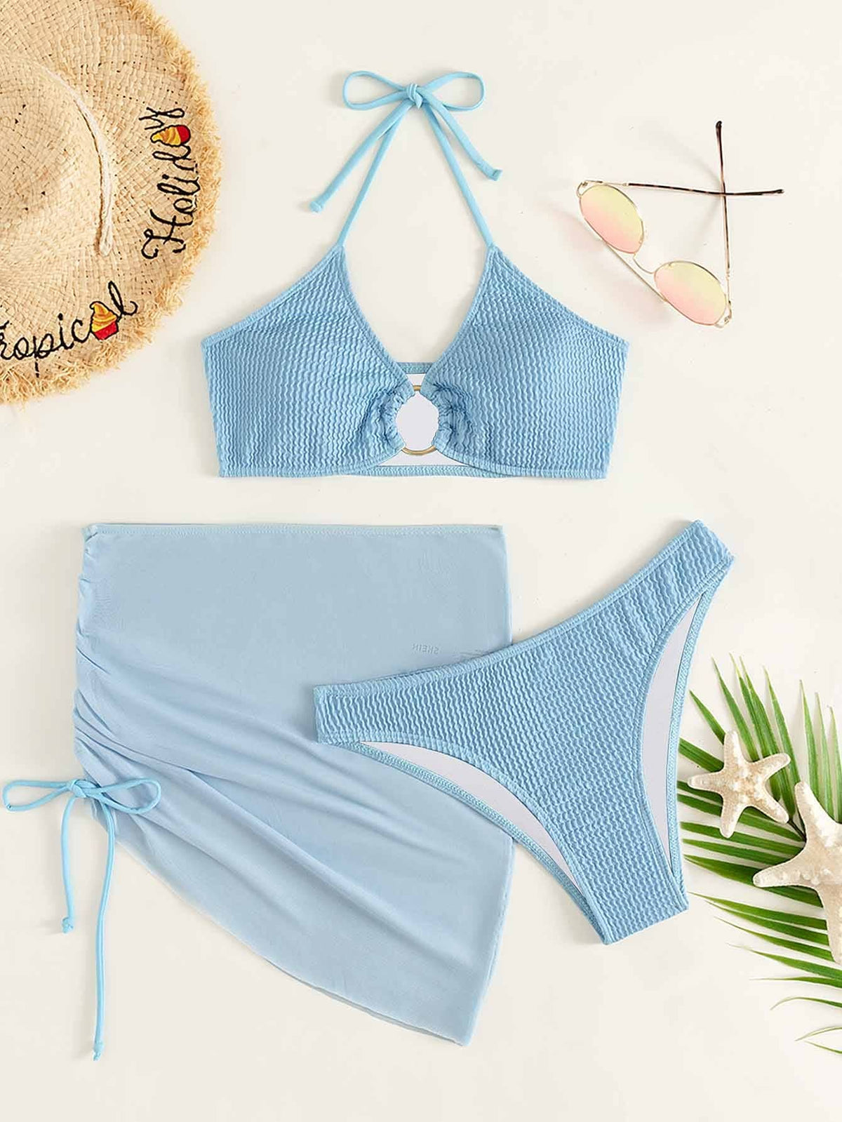 Swim Summer Beach 3packs Textured Ring Linked Halter Bikini & Beach Skirt