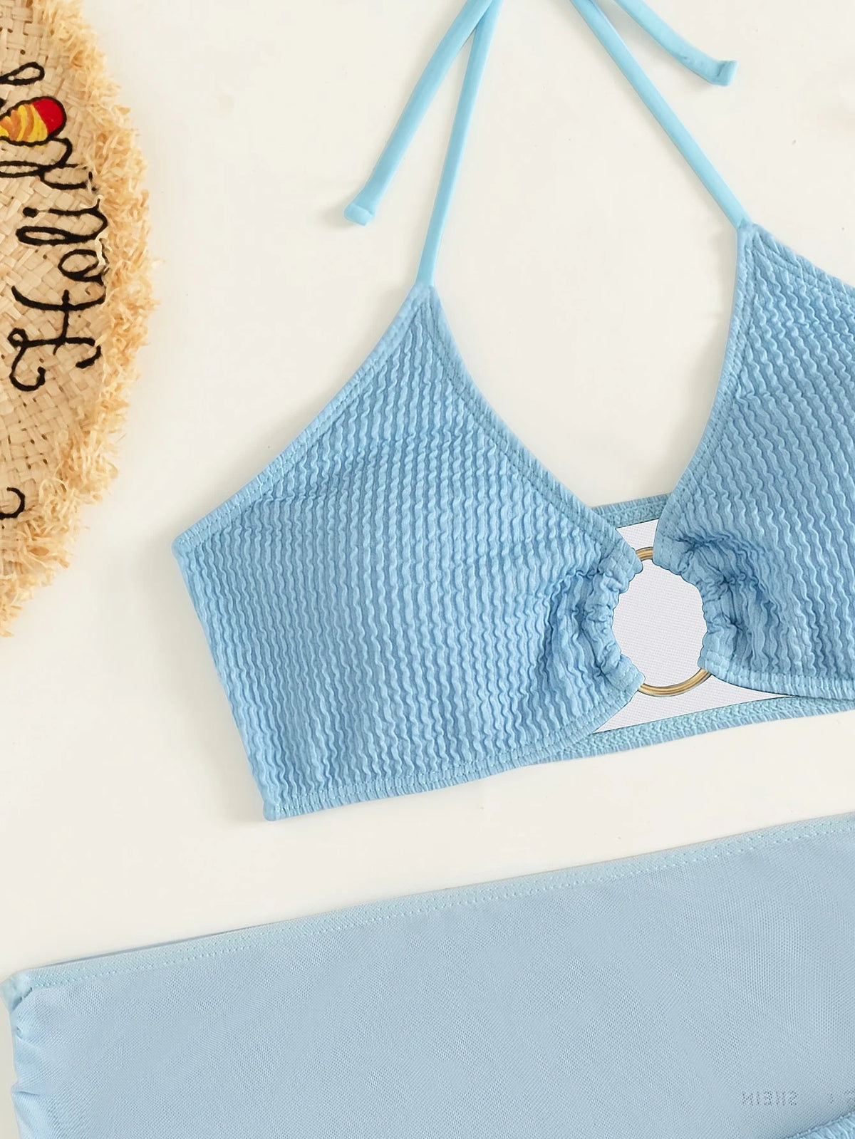 Swim Summer Beach 3packs Textured Ring Linked Halter Bikini & Beach Skirt