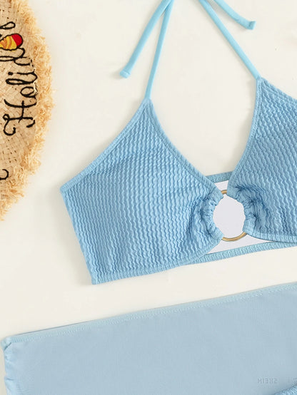 Swim Summer Beach 3packs Textured Ring Linked Halter Bikini & Beach Skirt