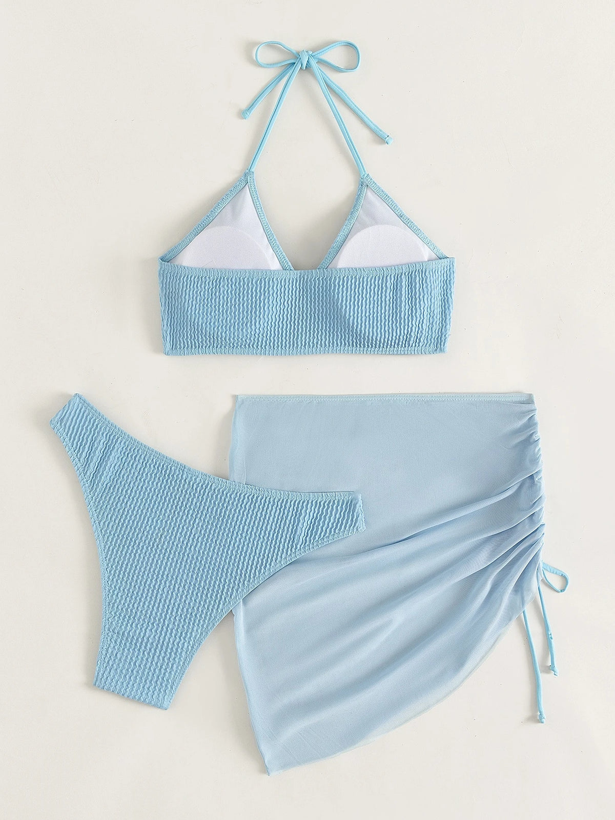 Swim Summer Beach 3packs Textured Ring Linked Halter Bikini & Beach Skirt