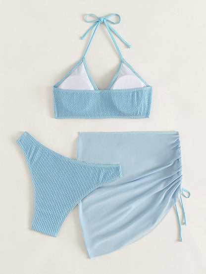 Swim Summer Beach 3packs Textured Ring Linked Halter Bikini & Beach Skirt