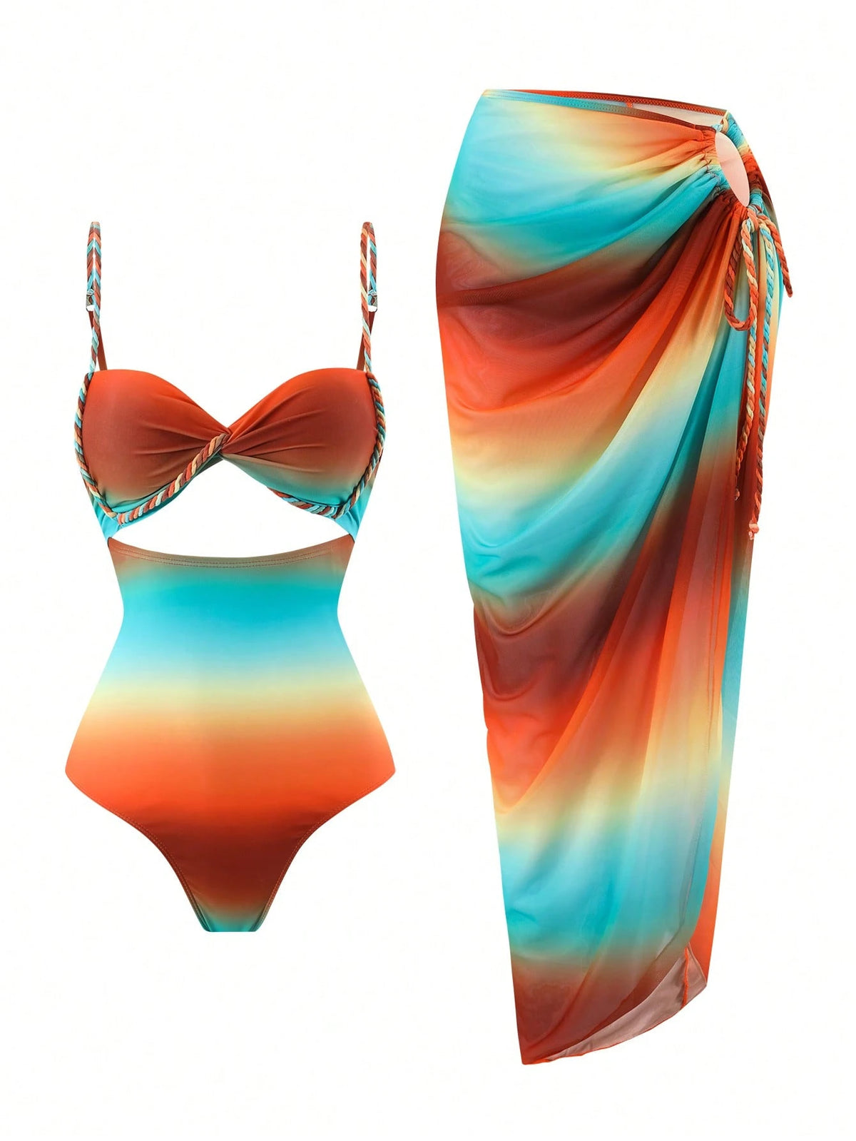 Swim SXY Summer Burnt Orange Boho Women 2pcs/Set Gradient Rope Strap Crop Top & Tie Side Beach Dress Bikini Set,Beach Vacation Holiday Rave Outfit Resort Wear