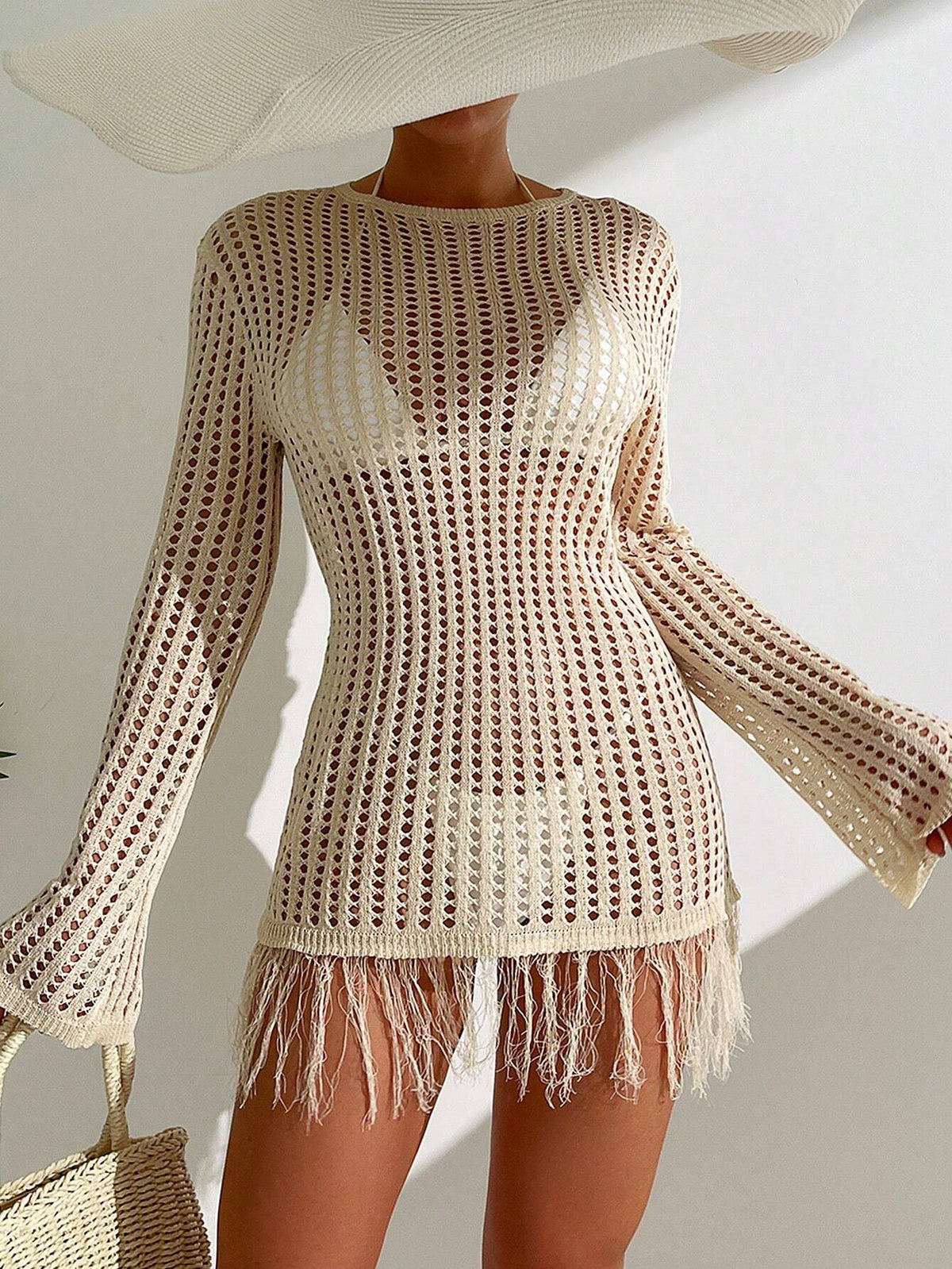 Swim Vcay Holiday Beach Solid Color Hollow Knitted Fringe Hem See-Through Mini Cover-Up Dress,Summer Beach