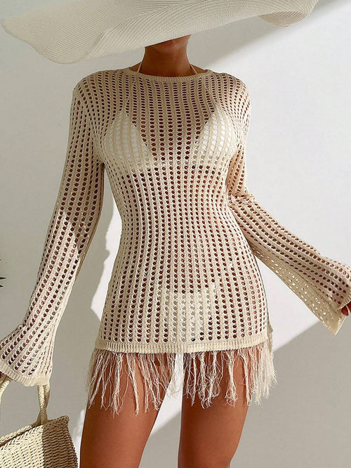 Swim Vcay Holiday Beach Solid Color Hollow Knitted Fringe Hem See-Through Mini Cover-Up Dress,Summer Beach