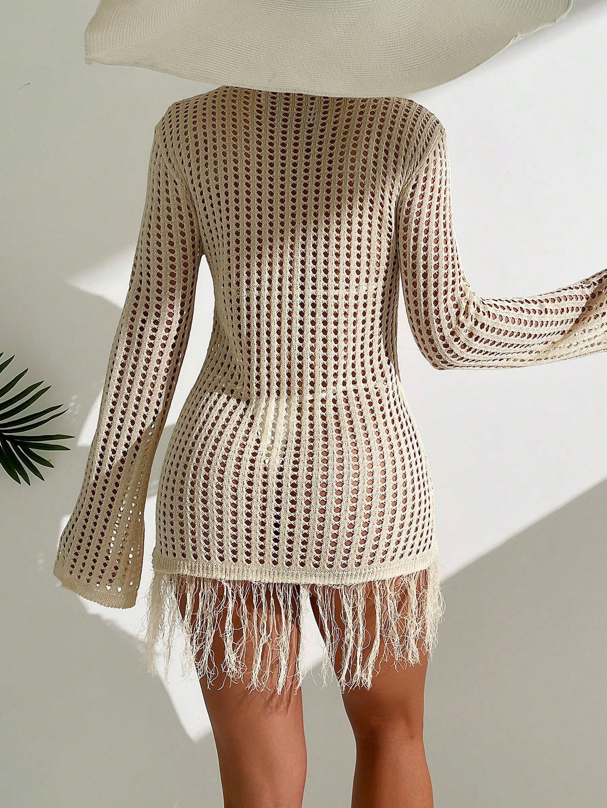 Swim Vcay Holiday Beach Solid Color Hollow Knitted Fringe Hem See-Through Mini Cover-Up Dress,Summer Beach