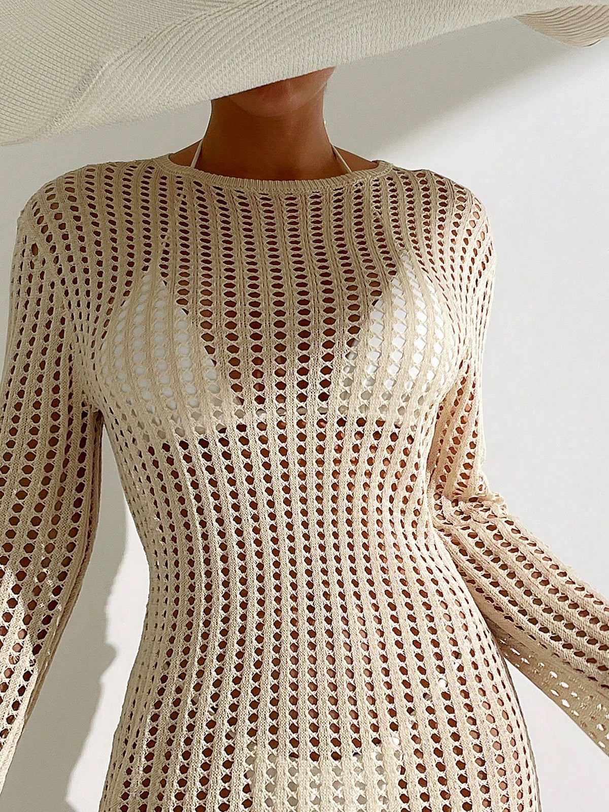 Swim Vcay Holiday Beach Solid Color Hollow Knitted Fringe Hem See-Through Mini Cover-Up Dress,Summer Beach