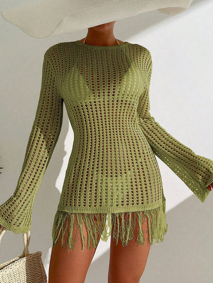 Swim Vcay Holiday Beach Solid Color Hollow Knitted Fringe Hem See-Through Mini Cover-Up Dress,Summer Beach