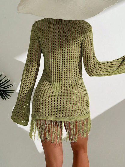 Swim Vcay Holiday Beach Solid Color Hollow Knitted Fringe Hem See-Through Mini Cover-Up Dress,Summer Beach