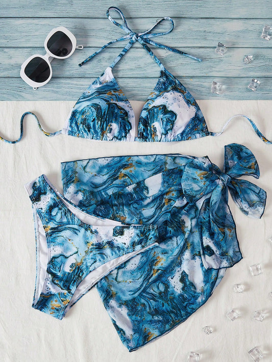 Swim Vcay Summer Beach Marble Print Halter Triangle Bikini Set With Beach Skirt