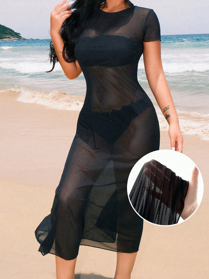 Swim Vcay Summer Beach Solid Sheer Mesh Cover Up Dress Without Bikini