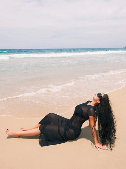 Swim Vcay Summer Beach Solid Sheer Mesh Cover Up Dress Without Bikini