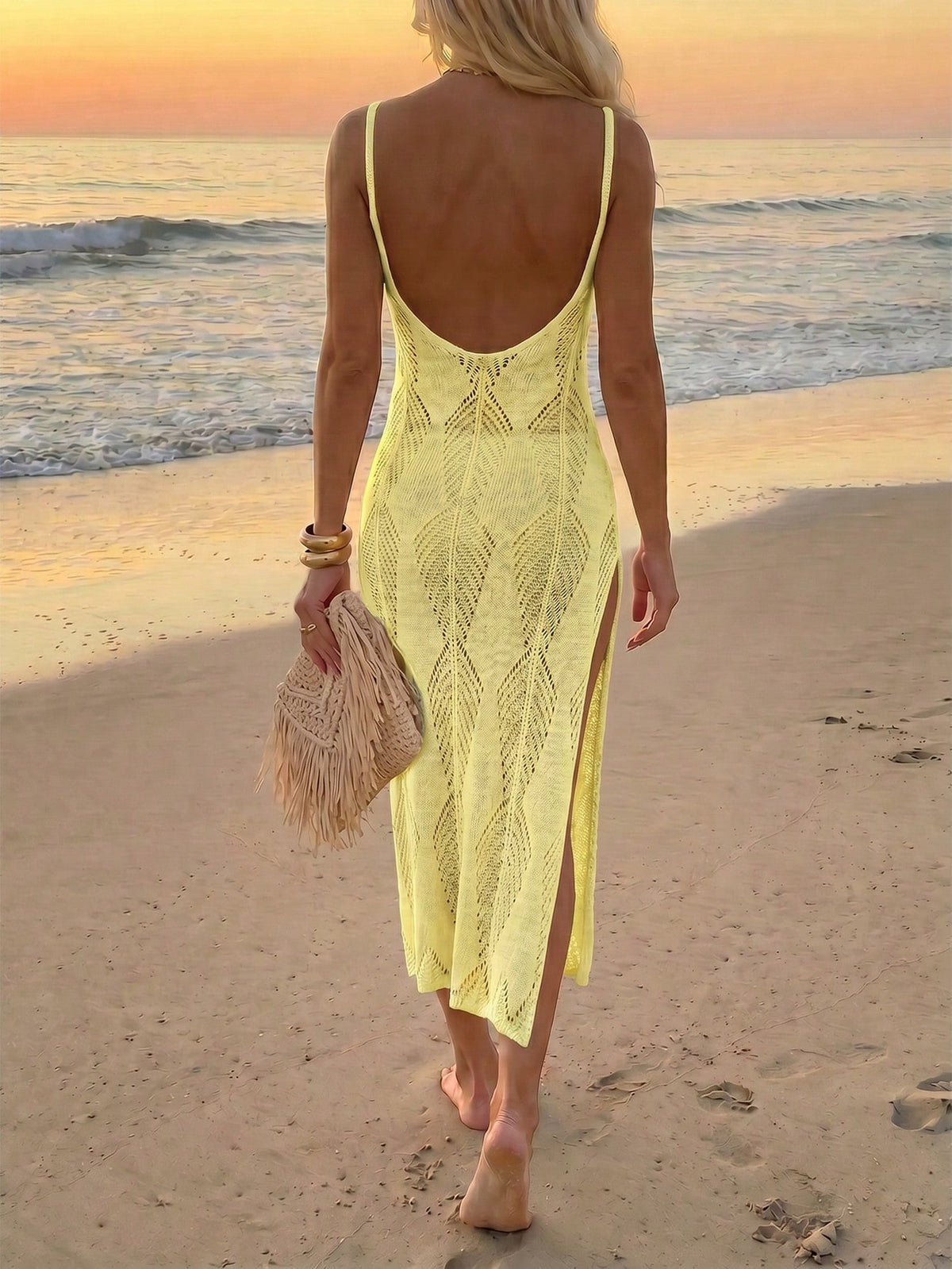 Swim Vcay Women's Solid Color Hollow Side Slit Hem Cami Dress