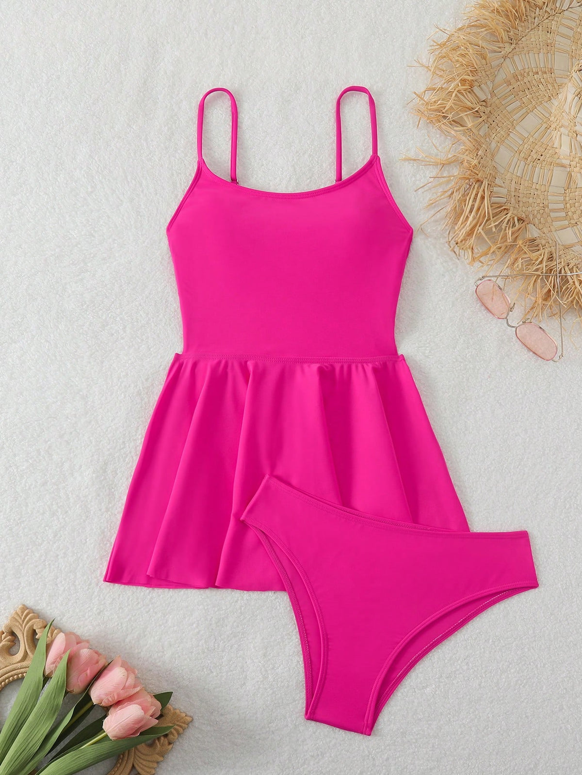 Swim Vcay Women's Solid Color Side Tie Ruffle Hem Tankini Swimsuit Top Summer