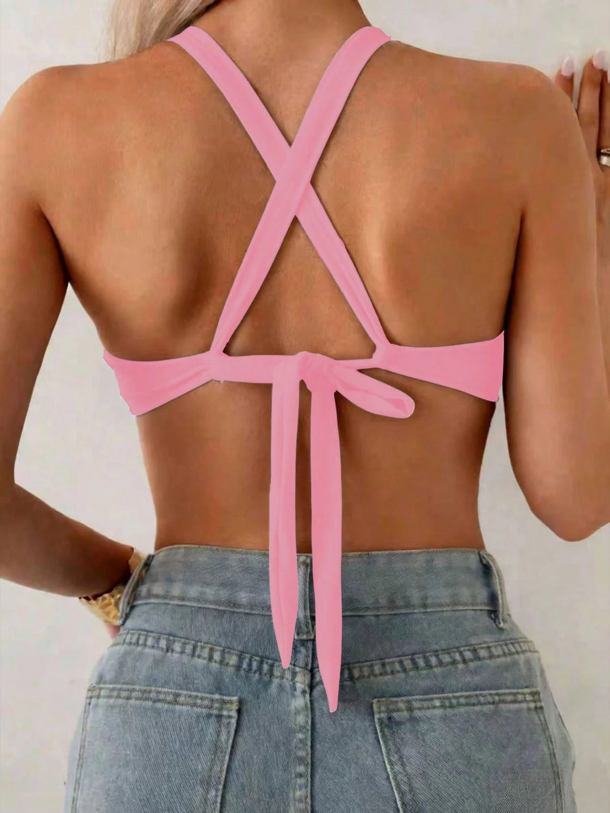 Swim Women's Solid Color Criss-Cross Back Strap Minimalist Casual Bikini Top,Halter Built In Bra Bathing Suit Tops,Pink Summer Beach Holiday Gym Top