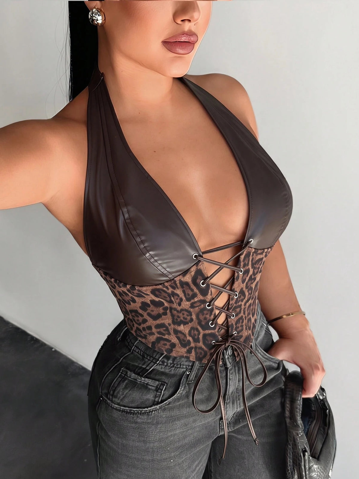 SXY Leather Patchwork Dark Brown Leopard Print Halter Top, Summer Techno Club Night Rave Corset Top For Women, Push Up Y2K Cheetah