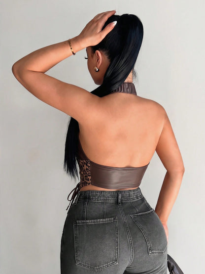 SXY Leather Patchwork Dark Brown Leopard Print Halter Top, Summer Techno Club Night Rave Corset Top For Women, Push Up Y2K Cheetah