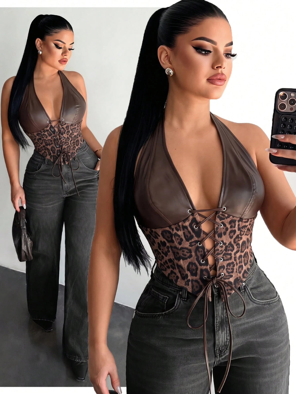 SXY Leather Patchwork Dark Brown Leopard Print Halter Top, Summer Techno Club Night Rave Corset Top For Women, Push Up Y2K Cheetah