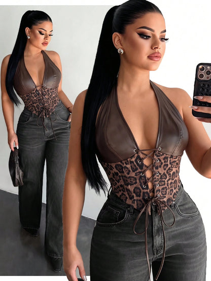 SXY Leather Patchwork Dark Brown Leopard Print Halter Top, Summer Techno Club Night Rave Corset Top For Women, Push Up Y2K Cheetah