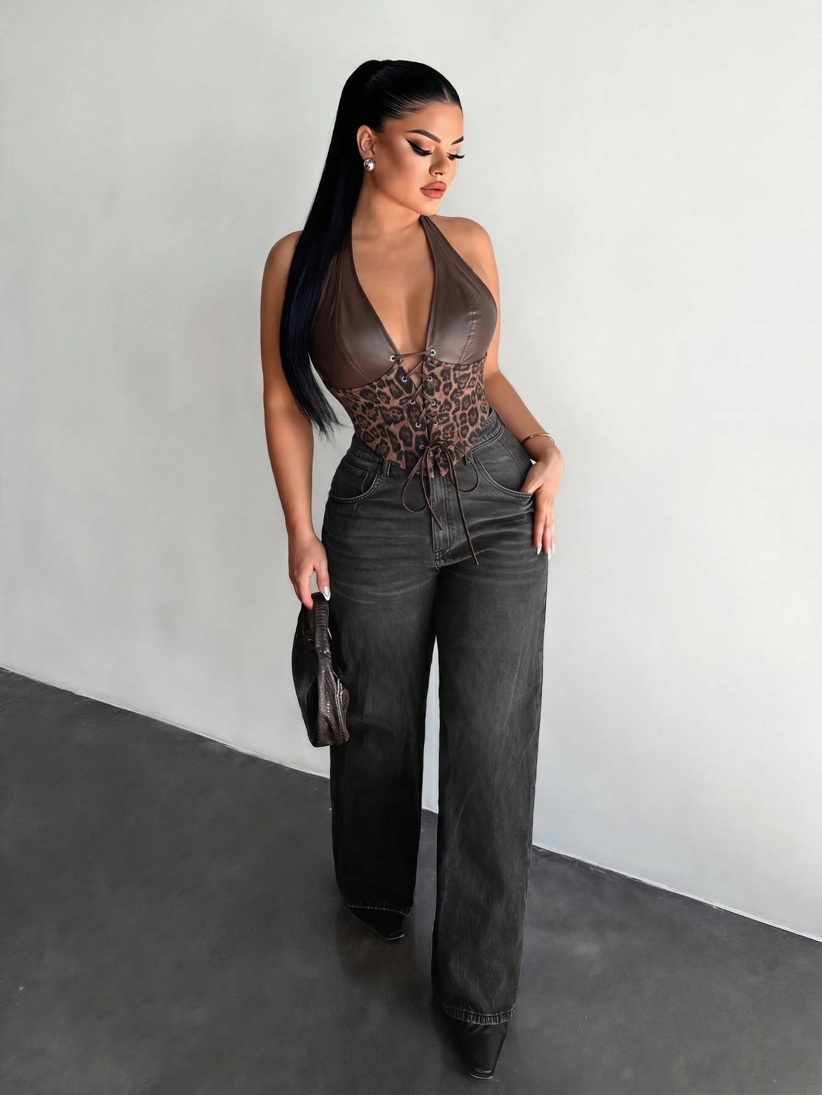 SXY Leather Patchwork Dark Brown Leopard Print Halter Top, Summer Techno Club Night Rave Corset Top For Women, Push Up Y2K Cheetah