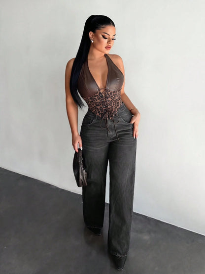 SXY Leather Patchwork Dark Brown Leopard Print Halter Top, Summer Techno Club Night Rave Corset Top For Women, Push Up Y2K Cheetah