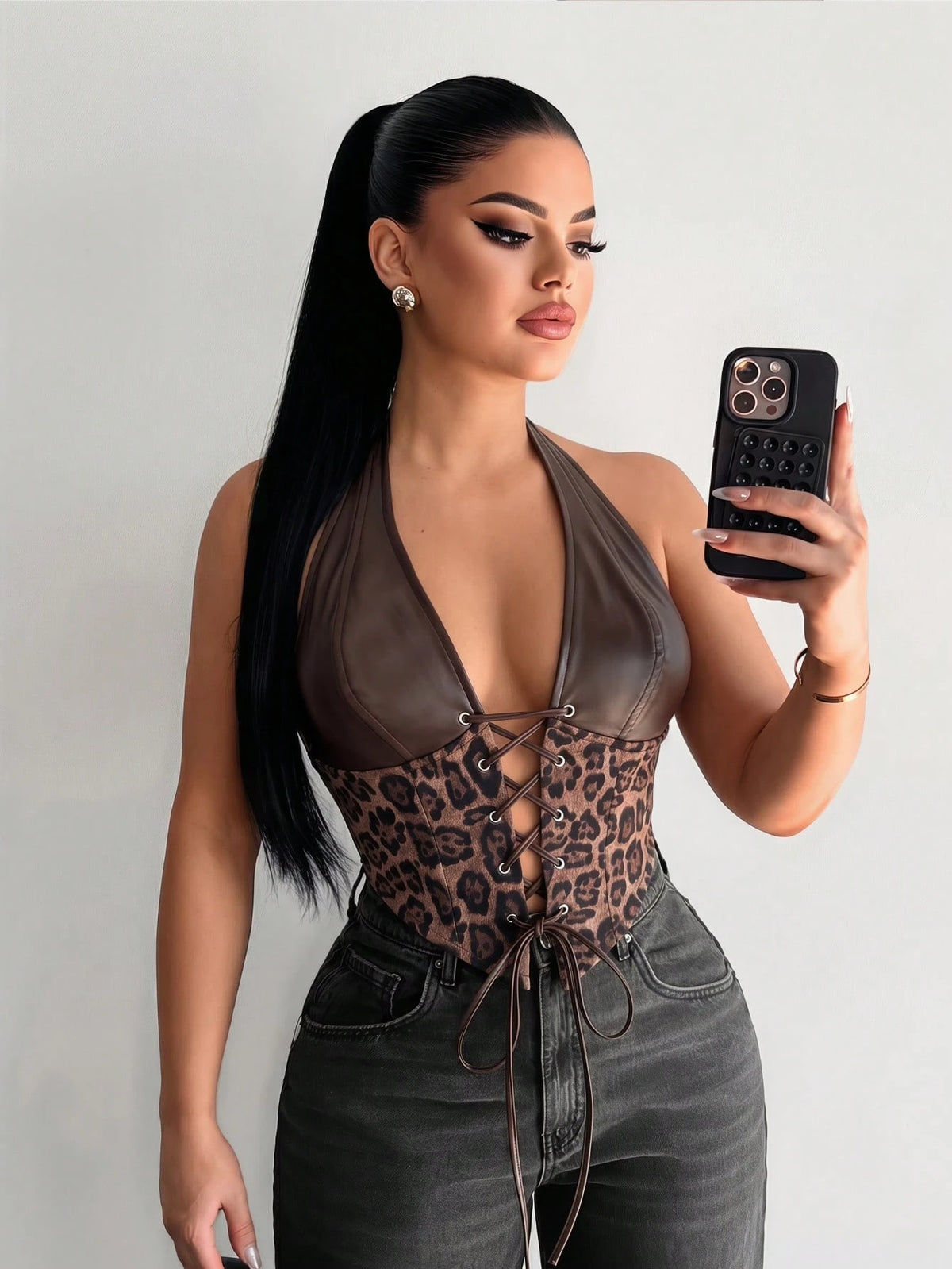 SXY Leather Patchwork Dark Brown Leopard Print Halter Top, Summer Techno Club Night Rave Corset Top For Women, Push Up Y2K Cheetah