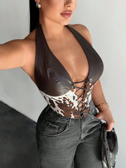 SXY Leather Patchwork Dark Brown Leopard Print Halter Top, Summer Techno Club Night Rave Corset Top For Women, Push Up Y2K Cheetah