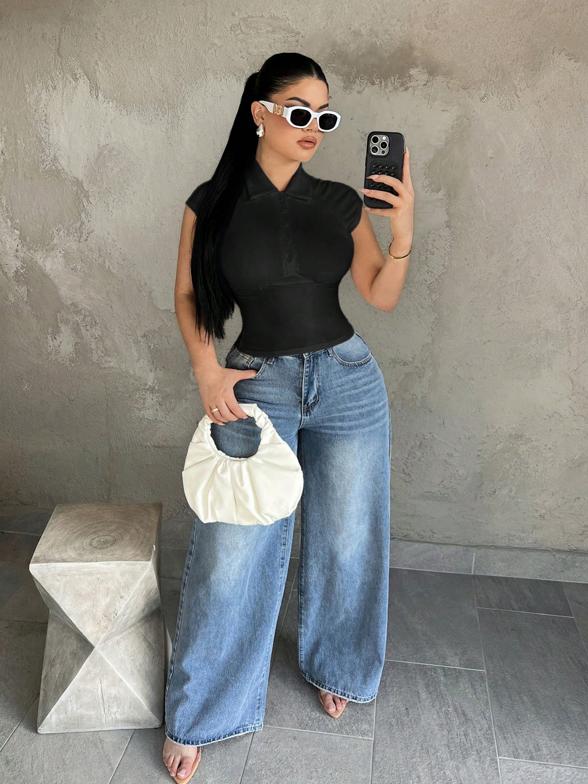 SXY Women's Solid Color Polo Collar Button Front Fitted Waist Cap Sleeve T-Shirt Night Out Black Summer Casual Sexy Club Night Going Out
