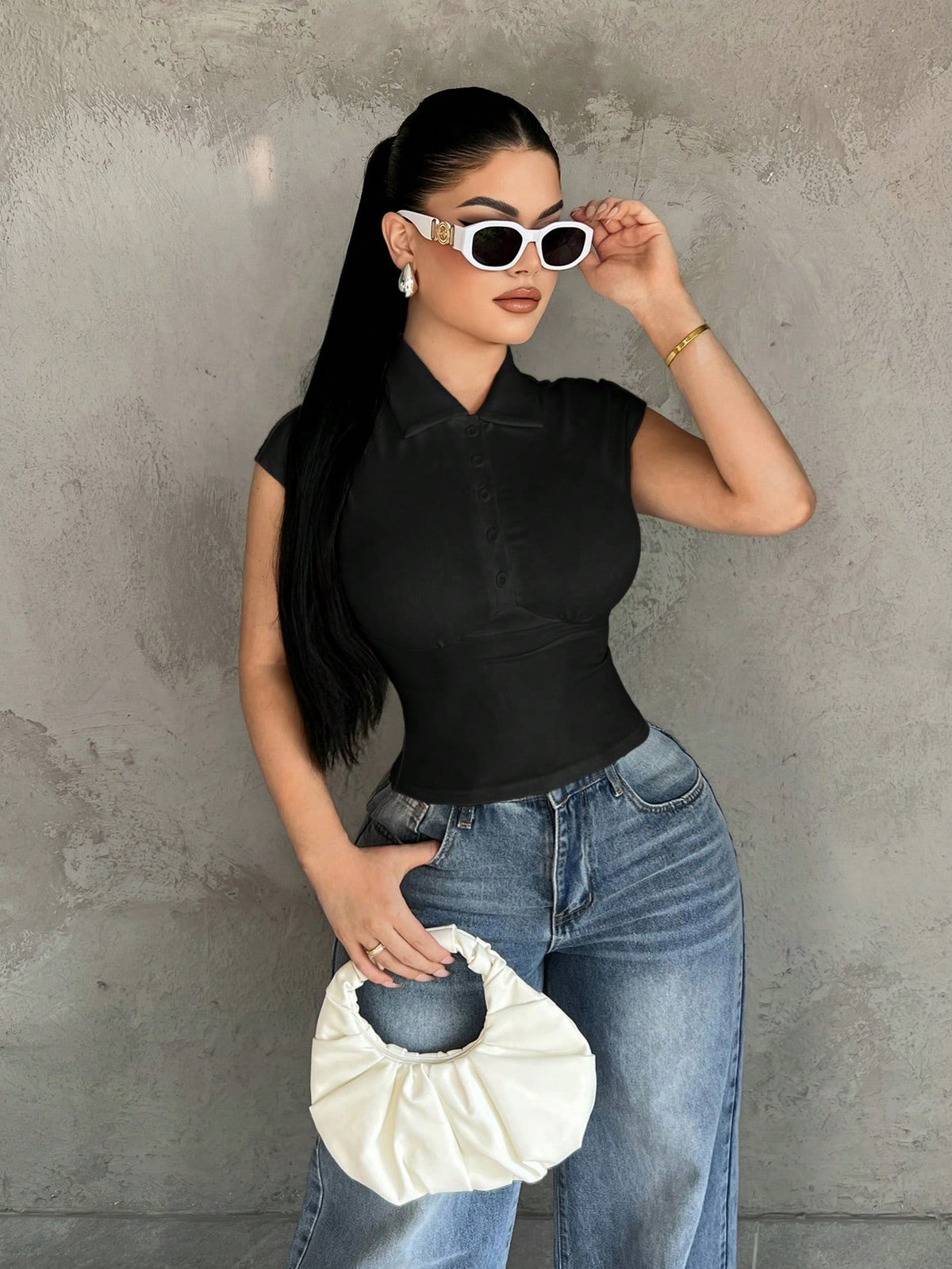 SXY Women's Solid Color Polo Collar Button Front Fitted Waist Cap Sleeve T-Shirt Night Out Black Summer Casual Sexy Club Night Going Out