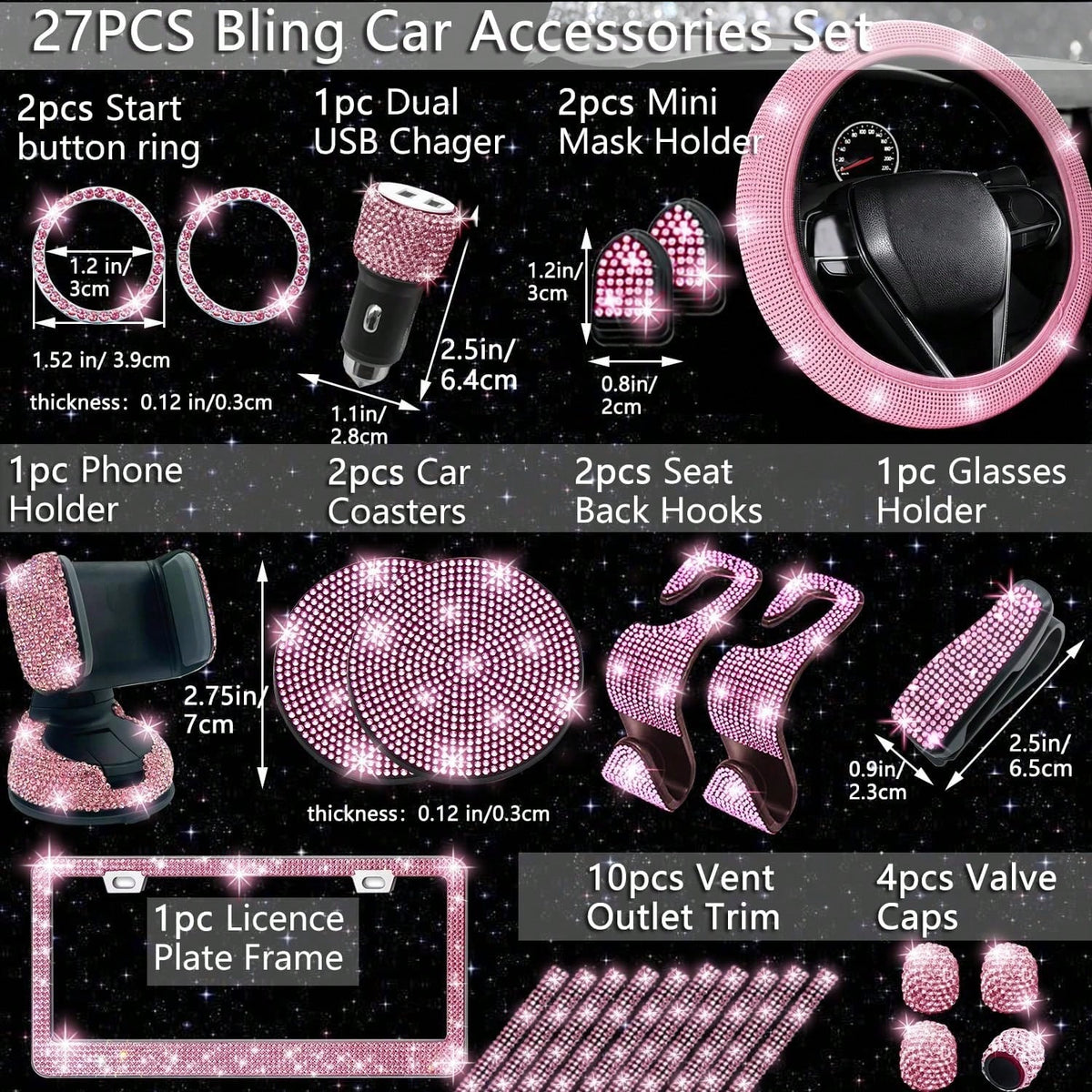 TAIMASI 27-Piece Bling Car Accessories Set- Universal Fit Steering Wheel Covers, License Plate Frames, Phone Holder, Car Fast Charger, Coasters