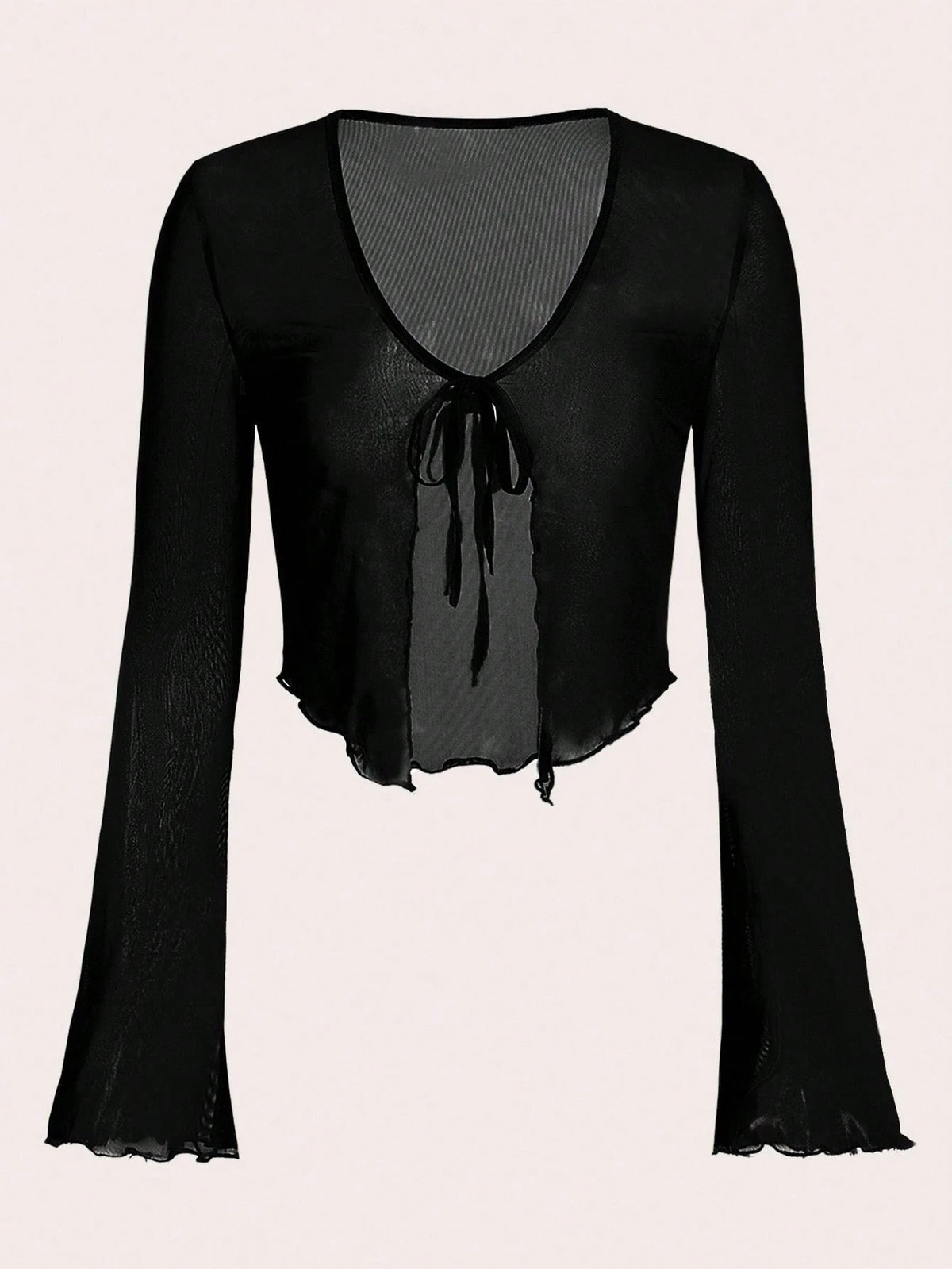 Tall CURVE Plus Size Black Tie Front Flare Sleeve Lettuce Trim Mesh Top,Ladies Classy Night Out Rave Cocktail Concert Club Sheer Autumn Tall Curve V Neck Sexy