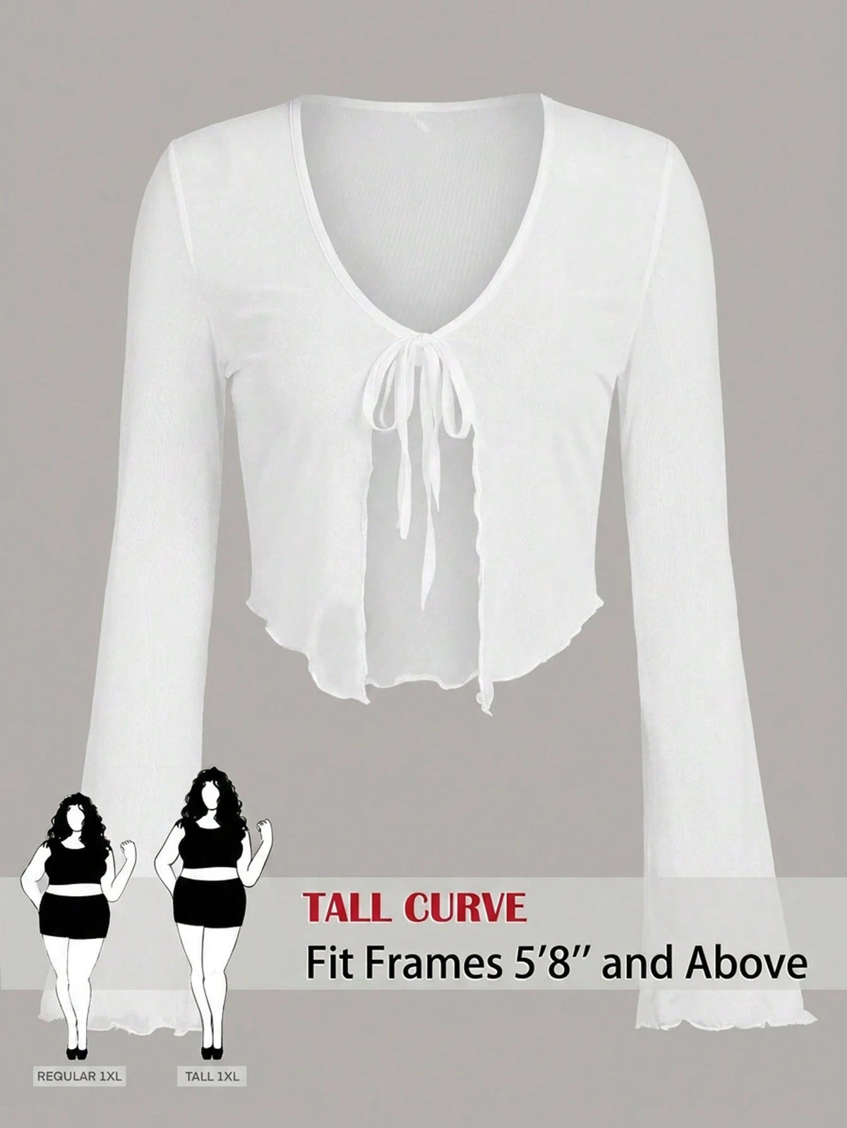 Tall CURVE Plus Size Black Tie Front Flare Sleeve Lettuce Trim Mesh Top,Ladies Classy Night Out Rave Cocktail Concert Club Sheer Autumn Tall Curve V Neck Sexy