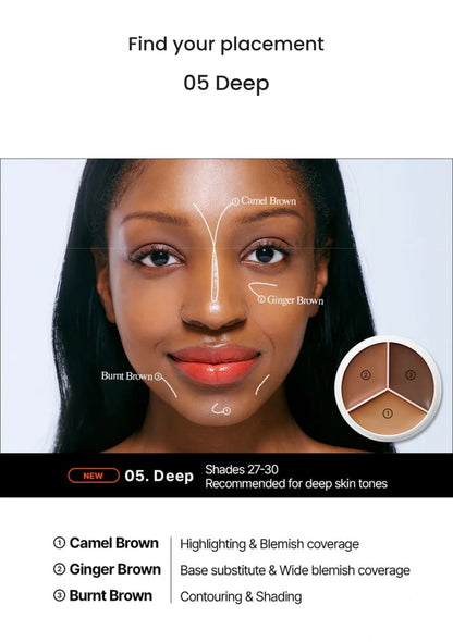 TFIT Cover Up Pro Concealer 05 Deep — three pan colours and placement guide