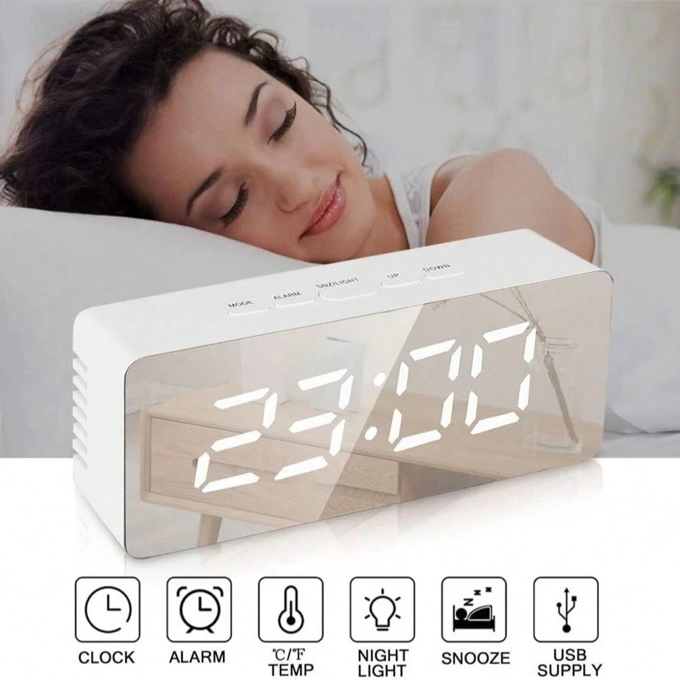 This Auto-Brightness Adjustable Alarm Clock Can Be Used Day And Night. The LED Digital Alarm Clock Features Dual Alarms, Temperature Display, Automatic Day/Night Brightness Adjustment, 12/24 Hour Form