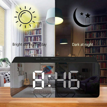 This Auto-Brightness Adjustable Alarm Clock Can Be Used Day And Night. The LED Digital Alarm Clock Features Dual Alarms, Temperature Display, Automatic Day/Night Brightness Adjustment, 12/24 Hour Form