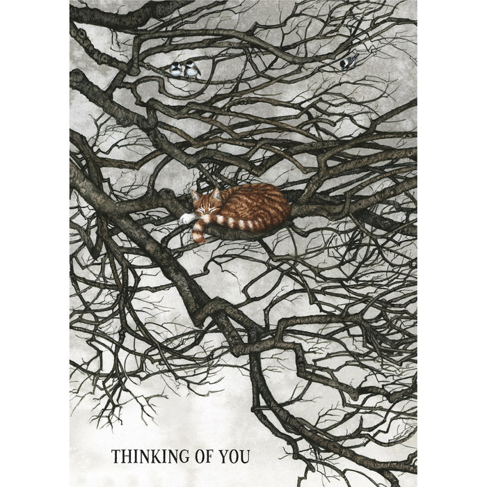 Illustration of a cat in a tree with 'Thinking of You' text.