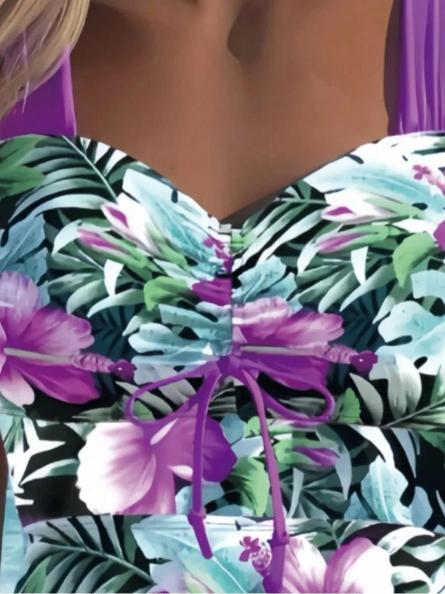 Tropical Floral Print Swim Dress, Drawstring Heart Neckline, Casual Bohemian Style Swimwear Summer Elegant