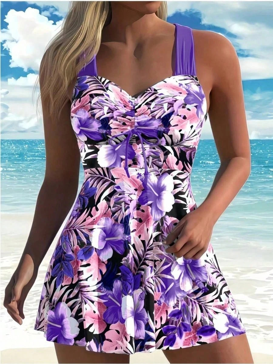 Tropical Floral Print Swim Dress, Drawstring Heart Neckline, Casual Bohemian Style Swimwear Summer Elegant