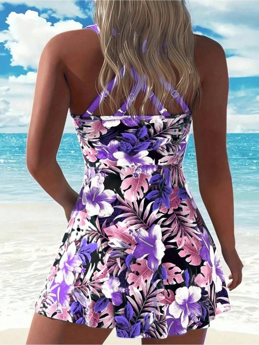Tropical Floral Print Swim Dress, Drawstring Heart Neckline, Casual Bohemian Style Swimwear Summer Elegant