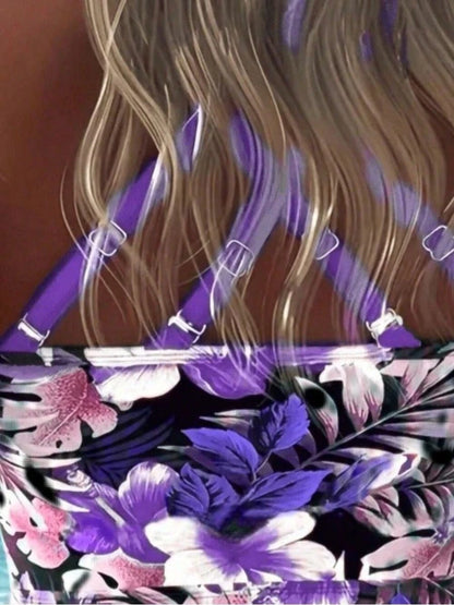 Tropical Floral Print Swim Dress, Drawstring Heart Neckline, Casual Bohemian Style Swimwear Summer Elegant