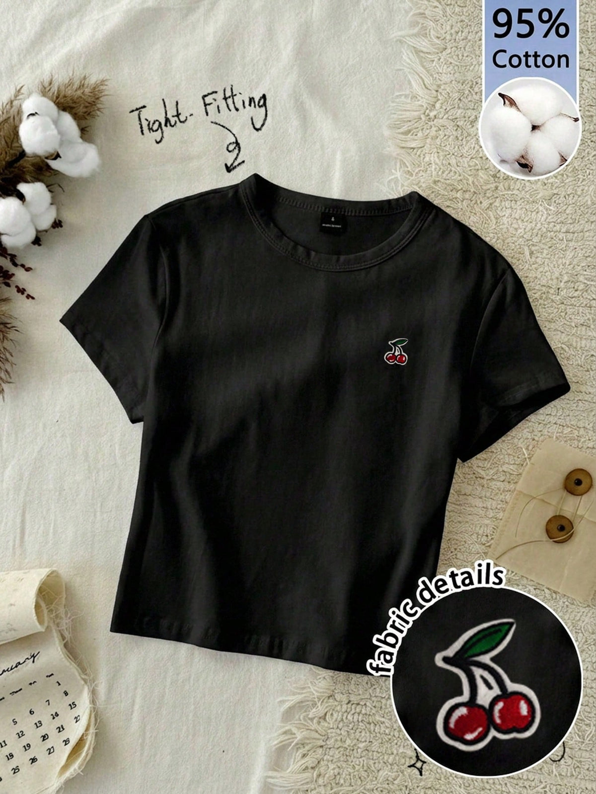 Tseoso 1pc Solid Form Fitted Tee, 95% Cotton With Cherry Blossom Embroidery,Summer Top